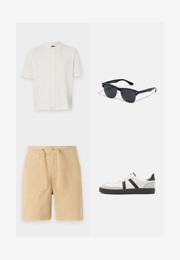 Korte mouw polo in off-white, met een textuurpatroon, knoopsluiting aan de voorkant en een klassiek kraagontwerp.; Beige shorts van katoen, met een trekkoord in de taille, voorzakken en zichtbare stiksels. Eenvoudig, casual ontwerp.; Witte sneaker met zwarte en grijze accenten, voorzien van een grijze neus met textuur, zwarte rubberen zool en platte witte veters. Schoon ontwerp, minimalistische stijl.; Zwarte zonnebril met een rechthoekige vorm, donkere lenzen, zilveren accenten bij de slapen en een matte afwerking op het montuur.