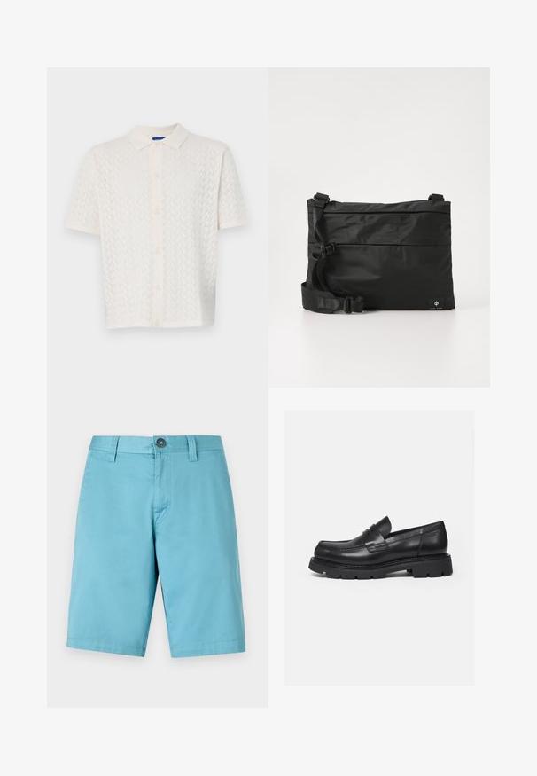 Polo à manches courtes en blanc cassé, présentant un motif texturé, un bouton sur le devant et un design de col classique.; Shorts bleu clair en tissu lisse. Présentent une fermeture à bouton et des passants de ceinture, avec une coupe droite qui descend jusqu'au genou.; Mocassin en cuir noir avec semelle épaisse crantée et détail de bride penny, présenté en profil droit sur fond blanc.; Sac messager en nylon noir avec une sangle réglable, un design plat et une étiquette latérale arborant un logo. Texture lisse et style minimaliste.