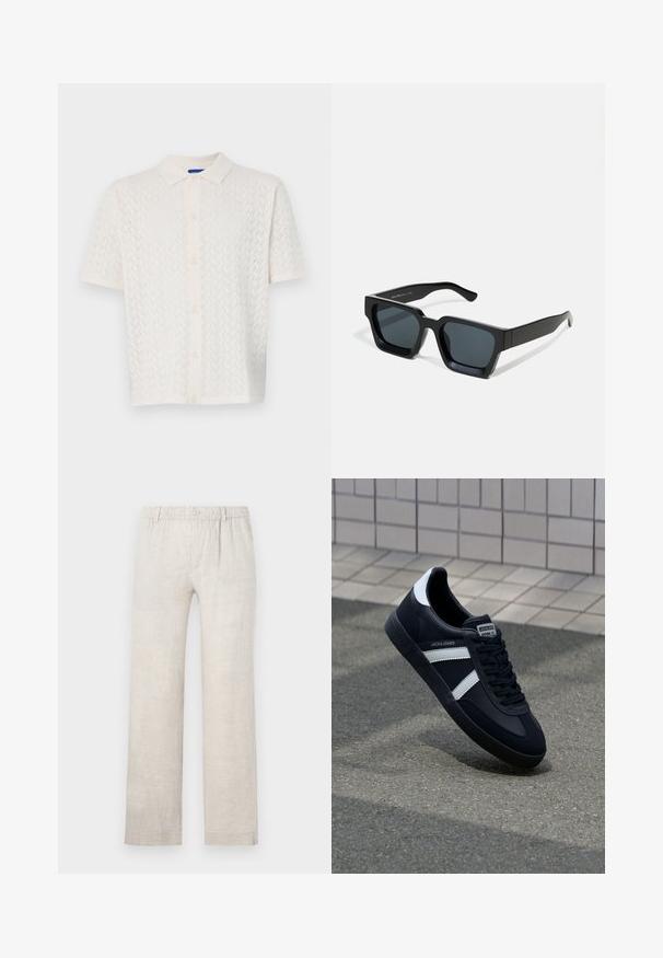 Korte mouw polo in off-white, met een textuurpatroon, knoopsluiting aan de voorkant en een klassiek kraagontwerp.; Lichtbeige linnen broek met een recht model, elastische tailleband en een knoopsluiting. Minimale textuur met subtiele stikdetails.; Zwarte leren sneaker met witte strepen, een gestructureerde rubberen zool en vetersluiting aan de voorkant. Voorzien van een merklabel op de tong.; Zwarte rechthoekige zonnebril met donkere lenzen. Dikke, gladde kunststof montuur met een licht glanzende afwerking en rechte veren.