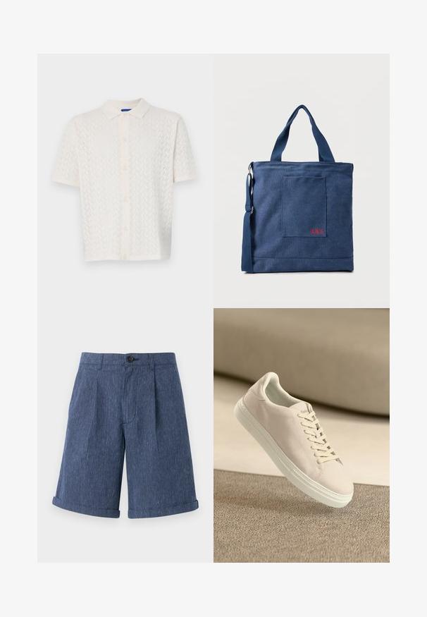 Korte mouw polo in off-white, met een textuurpatroon, knoopsluiting aan de voorkant en een klassiek kraagontwerp.; Blauwe, gestructureerde shorts met een subtiele gestreepte print, voorzien van een enkele knoopsluiting en opgerolde zomen.; Beige suède sneaker met een witte zool en veters, zwevend boven een gestructureerd beige tapijt tegen een zachte beige achtergrond.; Blauwe canvas tas met voorvak en rode "O.N.S" borduring, voorzien van dubbele handvatten en een verstelbare schouderriem.