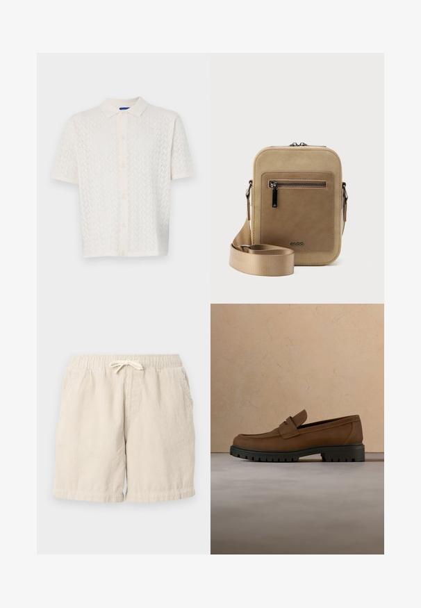 Korte mouw polo in off-white, met een textuurpatroon, knoopsluiting aan de voorkant en een klassiek kraagontwerp.; Beige corduroy shorts met een elastische tailleband en trekkoord, voorzien van zijzakken en een gestructureerd, geribbeld patroon.; Donkerbruine leren loafer met dikke zwarte rubberen zool, getoond boven een beige tapijt en bankachtergrond.; Kleine beige crossbodytas met een voorvak met ritssluiting, metalen ALDO-logo, verstelbare brede band en afgeronde rechthoekige vorm op een witte achtergrond.