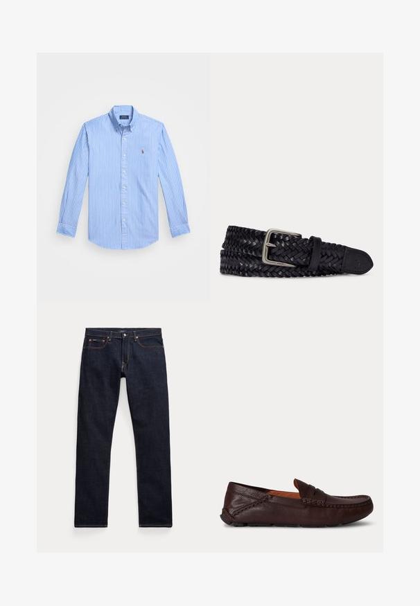 Gestreifte Langarm-Baumwollhemd in Blau und Weiß mit spitzem Kragen und Logo-Emblem auf der Brust. Das Material hat eine glatte Textur.; Dunkelblaue Jeans aus Denim mit fünf Taschen, Kupfernieten und kontrastierenden Nähten, flach auf einem weißen Hintergrund liegend.; Dunkelbrauner Herren-Lederloafer mit Nahtdetail und Gummisohle, seitlich auf einfarbigem Hintergrund gezeigt.; Schwarzer geflochtener Ledergürtel mit silberner Metallschnalle und Lederende vor einfachem hellem Hintergrund.