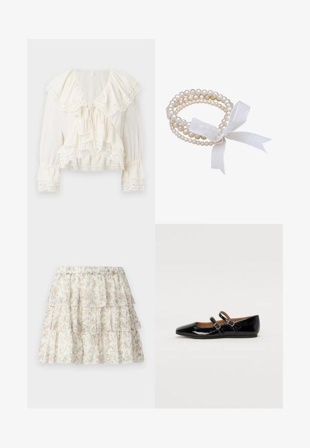 Witte blouse met een gelaagd, ruchesontwerp, kantafwerking op de mouwen en onderrand, en een V-halslijn met een trekkoordsluiting.; Witte rok met een gelaagd, gerimpeld ontwerp. Heeft een delicaat bloemenpatroon in roze en groen. Elastische tailleband voor comfort.; Zwarte ballerina van lakleer met een puntige neus, twee verstelbare riempjes met gespen en een platte zool. Gladde textuur met een glanzende afwerking.; Witte parelarmband met meerdere strengen, met parels van verschillende groottes. Vastgebonden met een doorschijnende witte lintstrik.