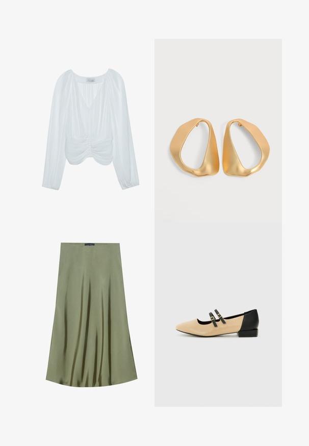 Witte blouse met lange mouwen, V-hals, geplooide textuur, plooien in de taille en elastische manchetten. Merkenlabel zichtbaar aan de binnenkant.; Olijfgroene midi rok van gladde stof, met een vloeiende uitstraling en subtiele glans, voorzien van een rechte taille.; Beige leren platte schoen met een spitse neus, een zwarte hak en twee zwarte banden over de bovenkant. Eenvoudig ontwerp met een matte textuur.; Een paar onregelmatige, asymmetrische gouden oorringen met een gladde, matte afwerking op een neutrale achtergrond.