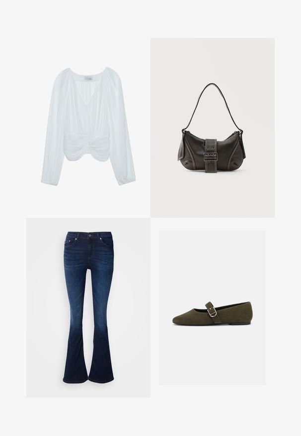 Witte blouse met lange mouwen, V-hals, geplooide textuur, plooien in de taille en elastische manchetten. Merkenlabel zichtbaar aan de binnenkant.; Uitlopende donkerblauwe denim jeans met een gladde textuur, vijf zakken en knoopsluiting. Kenmerkt zich door een geleidelijke verheldering naar de zoom toe.; Olijfgroene suède Mary Jane platte schoen met zilveren gespsluiting en afgeronde neus, getoond op een witte achtergrond.; Zwarte leren schoudertas met gespsluiting aan de riem, afgeronde hoeken en contrasterende witte stiksels op een effen achtergrond.