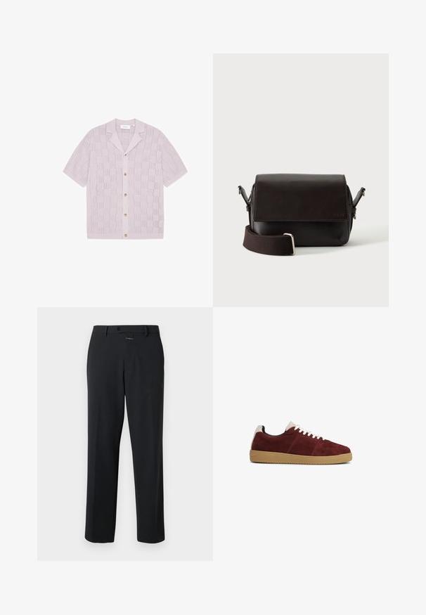 Cardigan tricoté lavande à manches courtes avec motif à carreaux ajouré, boutonnage sur le devant et col cranté.; Pantalon noir à coupe droite, en tissu lisse. Il présente une fermeture à bouton à l'avant et des détails de couture subtils. Conception simple sans motifs.; Baskets basses en daim rouge foncé avec lacets blancs, languette beige au talon et semelle en caoutchouc marron clair sur fond blanc.; Sac bandoulière en cuir marron foncé avec fermeture à rabat et sangle en tissu réglable sur fond blanc.