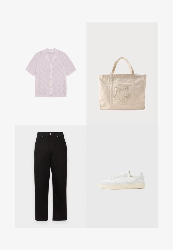Cardigan tricoté lavande à manches courtes avec motif à carreaux ajouré, boutonnage sur le devant et col cranté.; Pantalon en denim noir avec une coupe droite, présentant une taille haute, des poches frontales et des garnitures en métal argenté au niveau de la ceinture.; Baskets blanches avec dessus en daim et cuir texturé. Caractérisées par un bout arrondi, une fermeture à lacets et une semelle en caoutchouc beige contrastante.; Sac fourre-tout en toile beige avec doubles anses et un motif en relief de tête de loup sur la poche avant.