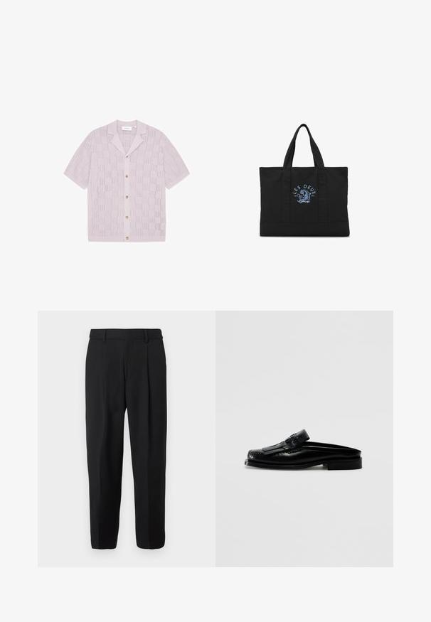 Cardigan tricoté lavande à manches courtes avec motif à carreaux ajouré, boutonnage sur le devant et col cranté.; Pantalon noir à jambe droite, confectionné en tissu tissé, avec devant plat, passants pour ceinture et deux poches latérales.; Hereu MARTI - Mules - black; Sac cabas noir avec deux poignées et texte bleu "Les Deux" au-dessus d’un design graphique bleu au centre avant.