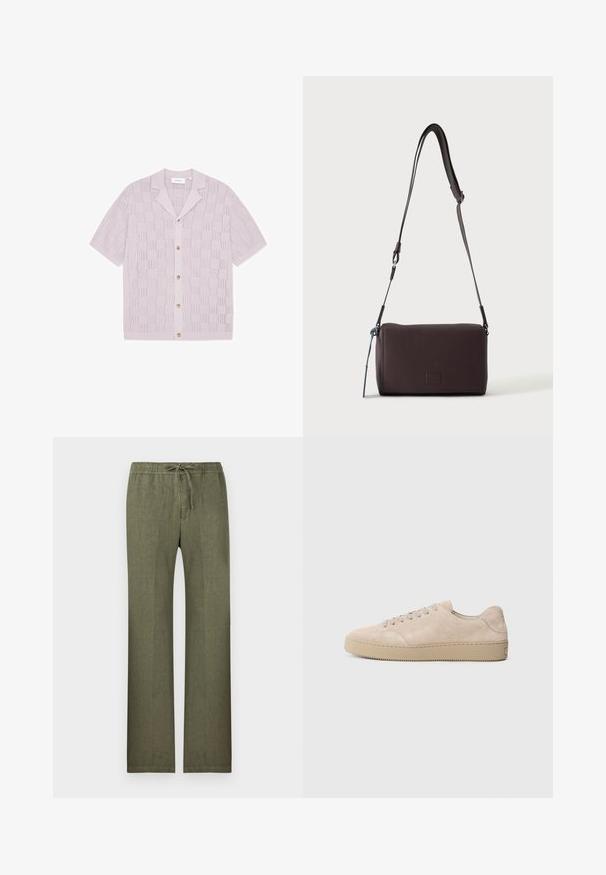 Cardigan tricoté lavande à manches courtes avec motif à carreaux ajouré, boutonnage sur le devant et col cranté.; Pantalon en lin vert olive avec jambes droites, taille élastique et cordon de serrage à l'avant.; Baskets en daim beige avec un bout rond, des lacets plats et une semelle en caoutchouc texturé. Design minimaliste avec des bords lisses et des coutures discrètes.; Sac bandoulière en cuir marron foncé texturé avec une sangle réglable et un petit accent décoratif bleu sur le côté.
