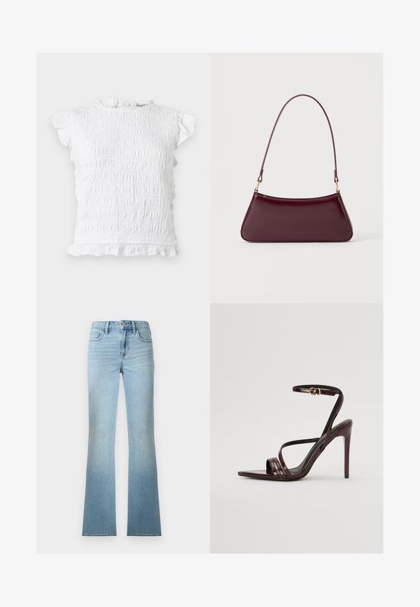 Haut blanc à manches courtes avec smocks, col, manches et ourlet à volants, présenté à plat sur un fond clair.; Jean denim bleu clair taille haute à jambes droites avec poches avant et arrière, fermeture à boutons et passants pour ceinture.; Sandale à talons hauts en cuir verni bourgogne avec une bride de cheville, bout pointu et trois bandes horizontales sur le pied. Détail de boucle dorée.; Sac à main brillant bordeaux foncé avec une anse fine unique et une forme trapézoïdale élégante sur un fond clair uni.