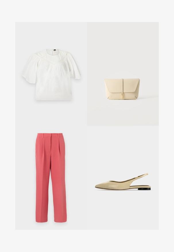 Blouse blanche avec manches larges mi-coude, détail en dentelle sur la poitrine et tissu plissé sur le haut devant.; Pantalon taille haute sur mesure couleur corail rose, avec plis sur le devant, passants pour ceinture, et jambes droites, sur un fond clair uni.; Chaussure plate beige à bout pointu avec bride arrière, petit talon noir et finition en cuir lisse, vue de côté sur un fond uni.; Pochette en cuir beige avec rabat avant et fermeture par sangle verticale, sur un fond clair uni.