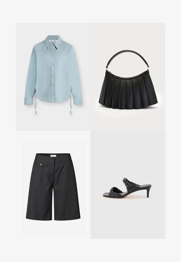 Chemise bleu clair à manches longues boutonnée avec col pointu et liens latéraux, présentée à plat sur fond blanc.; Shorts noirs sur mesure en tissu lisse, dotés d'une poche latérale avec détail bouton, et d'une coupe à jambes larges pour un ajustement décontracté.; Sandales à talons noirs avec un bout carré, fabriquées en cuir lisse. Elles présentent des brides froncées et un talon fin pour plus d'élévation.; Sac noir plissé en simili cuir, avec une anse incurvée et une fermeture éclair sur le dessus. Texture lisse avec un design structuré.