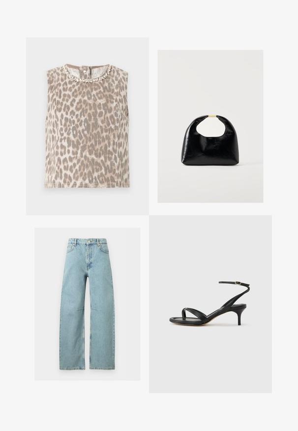 Haut beige sans manches avec imprimé léopard gris, col rond orné d’embellissements argentés en forme de feuilles, et fermeture par boutons dans le dos.; Jean bleu clair taille haute à jambes larges avec cinq poches, fermeture par bouton et détails de couture visibles.; Sandale pour femme en cuir noir avec fines lanières, une boucle d'orteil, une boucle à la cheville et un talon aiguille de hauteur moyenne sur un fond neutre.; Sac à main en cuir noir avec poignée arrondie et fermoir doré, sur un fond clair uni.