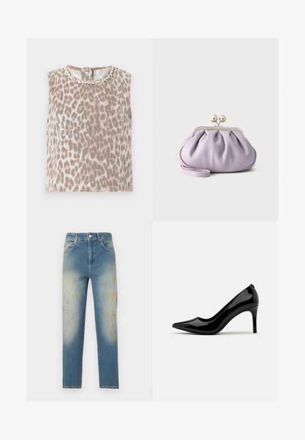 Haut beige sans manches avec imprimé léopard gris, col rond orné d’embellissements argentés en forme de feuilles, et fermeture par boutons dans le dos.; Jean droit bleu clair taille haute avec des détails décolorés et usés sur l'avant des cuisses et les genoux.; Pump à talon haut en cuir verni noir avec un bout pointu et une silhouette épurée, présentant une texture lisse et un design minimaliste.; Pochette lavande douce avec tissu froncé, fermoir kiss-lock argenté et bracelet assorti sur un fond clair uni.