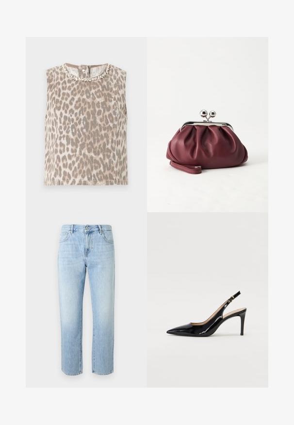 Haut beige sans manches avec imprimé léopard gris, col rond orné d’embellissements argentés en forme de feuilles, et fermeture par boutons dans le dos.; Jeans bleu clair taille haute à jambe droite avec fermeture à bouton et fermeture éclair, poches avant et coutures visibles sur fond uni.; Pompe slingback en cuir verni noir avec un bout pointu, un talon fin et un design de découpes subtil. Elle dispose d'une boucle dorée sur la sangle.; Petit sac pochette en cuir bordeaux avec fermoir métallique argenté et bracelet sur fond blanc.