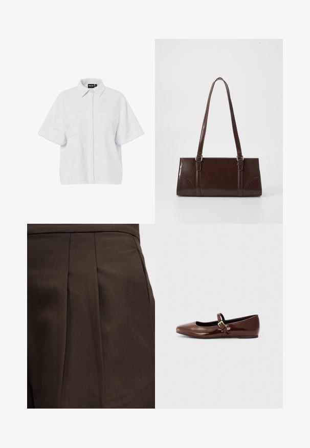 Chemise blanche à manches courtes avec boutons, col pointu et deux poches poitrine, étiquetée "PIECES" à l'intérieur du col.; Vêtement brun foncé sur mesure avec un détail de plis verticaux sur une surface de tissu lisse.; Ballerine en cuir verni marron avec un bout carré et une lanière ornée d'une petite boucle dorée. Texture lisse, talon bas et design minimaliste.; Sac à main en cuir verni marron de forme rectangulaire, avec deux longues poignées et des accents courbés subtils à l'avant.