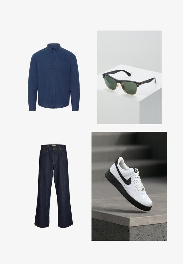 Chemise à manches longues bleu marine avec col, poche poitrine et boutons, design uni sur fond blanc.; Jeans en denim bleu foncé à jambes larges, avec une fermeture éclair à l'avant, cinq poches et des coutures contrastées. Les extrémités sont effilochées.; Baskets en cuir blanc avec accents noirs, bout arrondi et détails perforés. Semelle en caoutchouc noire avec motif texturé et fermeture à lacets.; Lunettes de soleil Ray-Ban avec des verres verts, monture en plastique noir et accents dorés sur les bords. Forme carrée avec une finition mate.