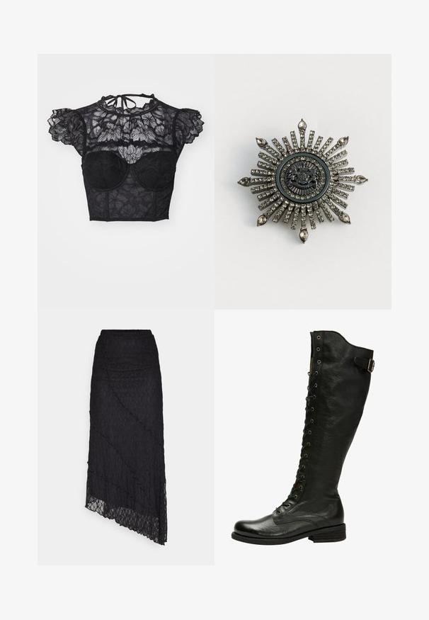 LASCANA Blouse - black; ONLY ONLKIM SLIT - Maxirok - black; Zwarte leren kniehoog laars met vetersluiting aan de voorkant, zilveren oogjes en een bucklet aan de zijkant. Heeft een gestructureerde afwerking en een gestapelde hak.; Stervormige broche van zilverkleurig metaal met transparante rhinestones. Het centrale ontwerp heeft een ronde embleem met complexe details.