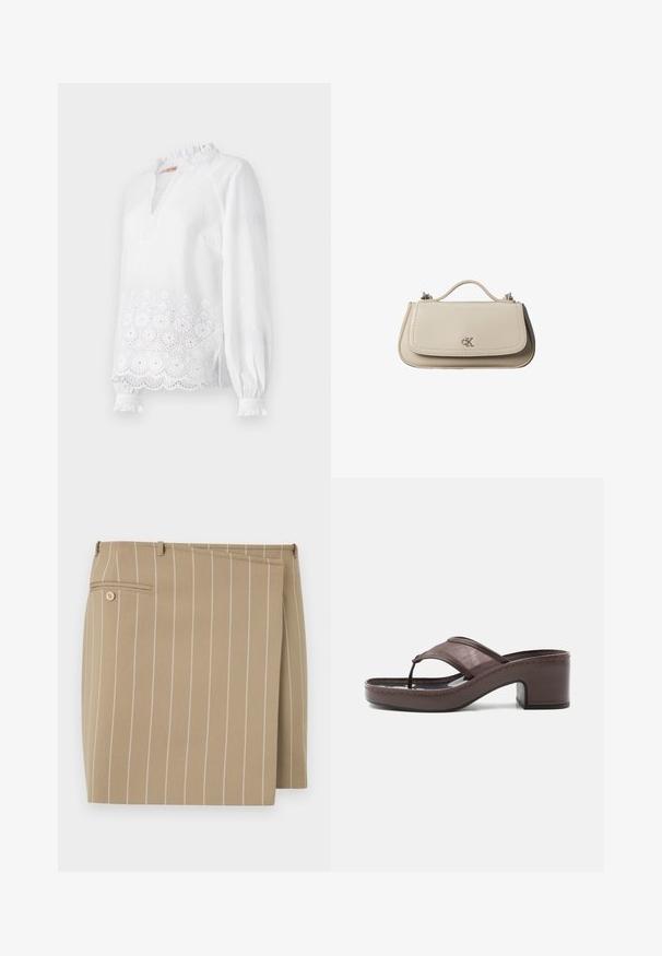 Weiße Bluse mit langen Ärmeln, die einen Rüschensaum hat, einen gestickten Blumendesign am Saum und feine, strukturierte Punkte aufweist.; Beige Rock mit vertikalen weißen Streifen, aus einem strukturierten Stoff gefertigt. Verfügt über eine vordere Klappe und eine rückwärtige Tasche mit einem Knopfdetail.; Braune Sandale mit Absatz, Netzriemen und Zehensteg, ausgestattet mit einem Blockabsatz und einer genähten Sohle, seitlich auf weißem Hintergrund abgebildet.; Kleine beigefarbene Lederhandtasche mit oberem Griff und silbernem CK-Logo auf der Frontklappe, vor weißem Hintergrund dargestellt.
