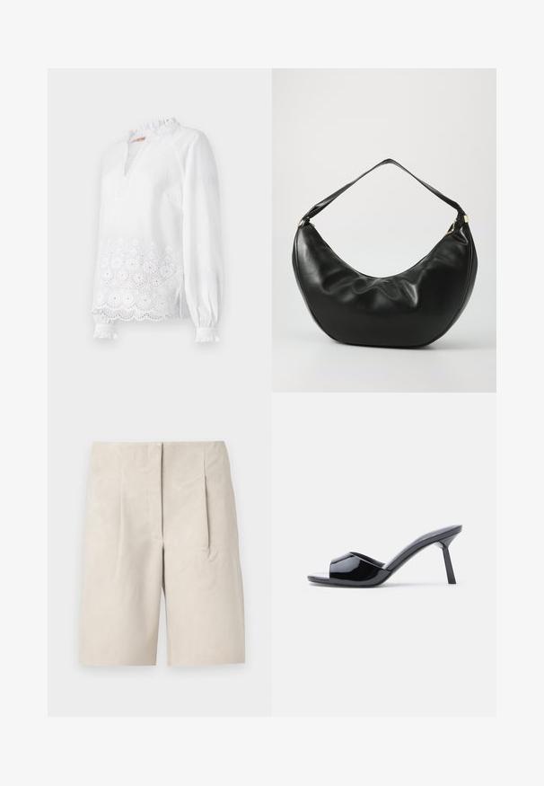 Weiße Bluse mit langen Ärmeln, die einen Rüschensaum hat, einen gestickten Blumendesign am Saum und feine, strukturierte Punkte aufweist.; Beige Wildleder-Shorts mit lockerer Passform, ausgestattet mit zwei Frontfalten und einem schlichten Bunddesign. Glatte Textur, in der Mitte des Oberschenkels.; Schwarze Sandalen mit Absatz aus Lackleder, offenem Zehenbereich, mit geschwungenem Obermaterial und spitz zulaufendem Stilettoabsatz. Glatte, glänzende Oberfläche.; Schwarze Leder-Schultertasche mit geschwungener Form, weicher Textur und einem einzelnen Riemen; verfügt über einen goldenen Reißverschluss und dezente Markenkennzeichnung.