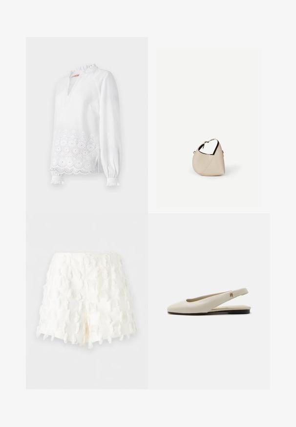 Weiße Bluse mit langen Ärmeln, die einen Rüschensaum hat, einen gestickten Blumendesign am Saum und feine, strukturierte Punkte aufweist.; Weisse Shorts mit hoher Taille und strukturierten, ausgefransten Stoffflicken, die einen gemusterten, dreidimensionalen Effekt erzeugen.; cremefarbiger Lederslingback-Flachschuh mit rundem Zehenbereich und kleinem goldfarbenem Emblem am Riemen.; Beige Ledertasche in Halbmondform mit einem einzelnen Schulterriemen und minimaler Nahtgestaltung, vor einem schlichten weißen Hintergrund.