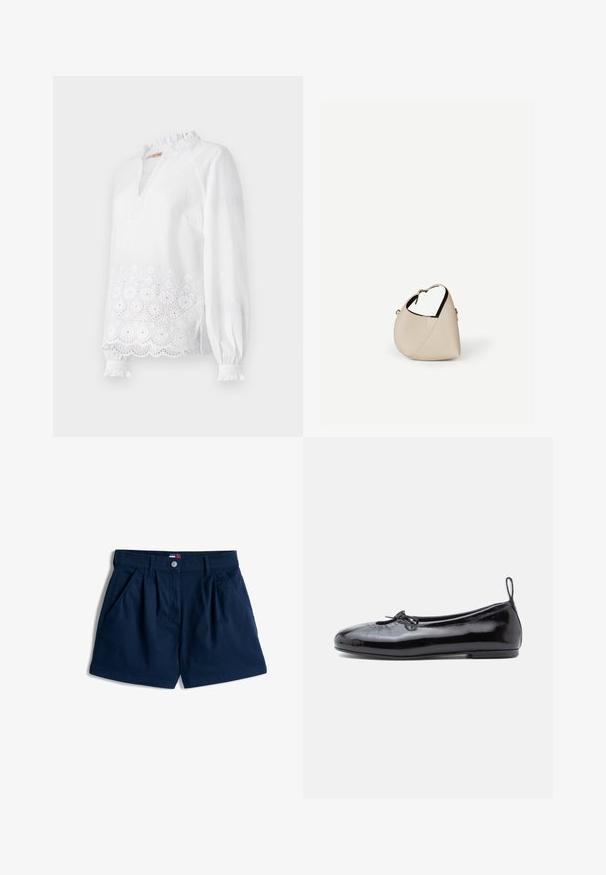 Blusa blanca de manga larga con cuello alto con volantes, diseño floral bordado en el dobladillo y sutiles puntos texturizados en toda la prenda.; Pantalones cortos de color azul marino hechos de una mezcla de algodón. Cuenta con dos bolsillos frontales, un pliegue en cada lado y un cierre de botón con una etiqueta de logo.; Bailarinas de charol negro con punta redonda, pequeño detalle de lazo y textura suave; cuentan con una suela plana baja y una pestaña en el talón.; Bolso de cuero beige en forma de media luna con una sola correa para el hombro y costuras mínimas, colocado sobre un fondo blanco liso.