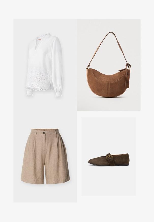 Blusa blanca de manga larga con cuello alto con volantes, diseño floral bordado en el dobladillo y sutiles puntos texturizados en toda la prenda.; Pantalones cortos de lino beige de cintura alta con pliegues, cierre de un solo botón y trabillas para cinturón, exhibidos sobre un fondo blanco liso.; Zapato plano de ante marrón con tira ancha y hebilla dorada, puntera redondeada y suela baja negra, mostrado de perfil sobre fondo blanco.; Bolso de ante marrón con forma curva de media luna. Cuenta con una correa para el hombro, una pequeña etiqueta y costuras visibles a lo largo de los bordes.