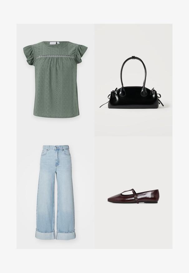 Blouse verte à manches courtes en tissu léger texturé, présentant un motif avec des détails en œillets et des manches à volants.; Jean large bleu clair à taille haute, avec des revers aux jambes et une texture en denim classique. Comprend des poches avant et une fermeture éclair.; Chaussure plate en cuir bordeaux foncé avec un bout pointu et une fine bride en T avec une boucle argentée sur fond blanc.; Petit sac à main noir brillant avec deux longues anses et des détails à cordon sur les côtés sur un fond clair uni.