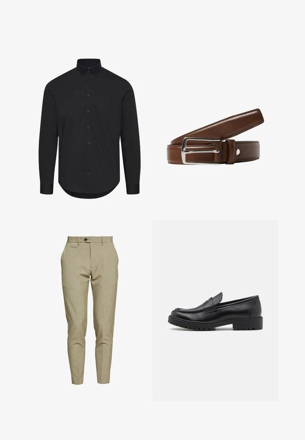 Mustaharju pitkähihainen paita sileästä kankaasta, jossa on nappikaulus ja etunapit, kaareva helma ja muotoiltu istuvuus.; Lindbergh CLUB PANTS - Chinot - army; Mustat nahkakengät, joissa on pyöreä varvas, kenkien helposti liukuvat mallit ja paksu kumipohja, jossa on teksturoitu pito. Korotettu kanta ja hillityt ompeluyksityiskohdat.; Ruskea nahkauksia, jossa on sileä pinta, hopeinen suorakulmainen solki ja siisti ompelu reunoilla.
