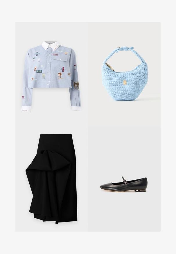 Chemise courte bleu clair avec col et poignets blancs, décorée de patchs brodés colorés et d'une poche poitrine avec rabat à bouton.; Jupe noire en tissu lisse, présentant un design drapé surdimensionné d'un côté, formant un ourlet asymétrique.; Ballerine plate noire en cuir avec un bout pointu, une fine bride à la cheville et un petit talon block métallique. Texture lisse, sans motifs visibles.; Petit sac à main bleu clair crocheté avec une petite bandoulière et une fermeture éclair dorée, présenté sur un fond clair uni.