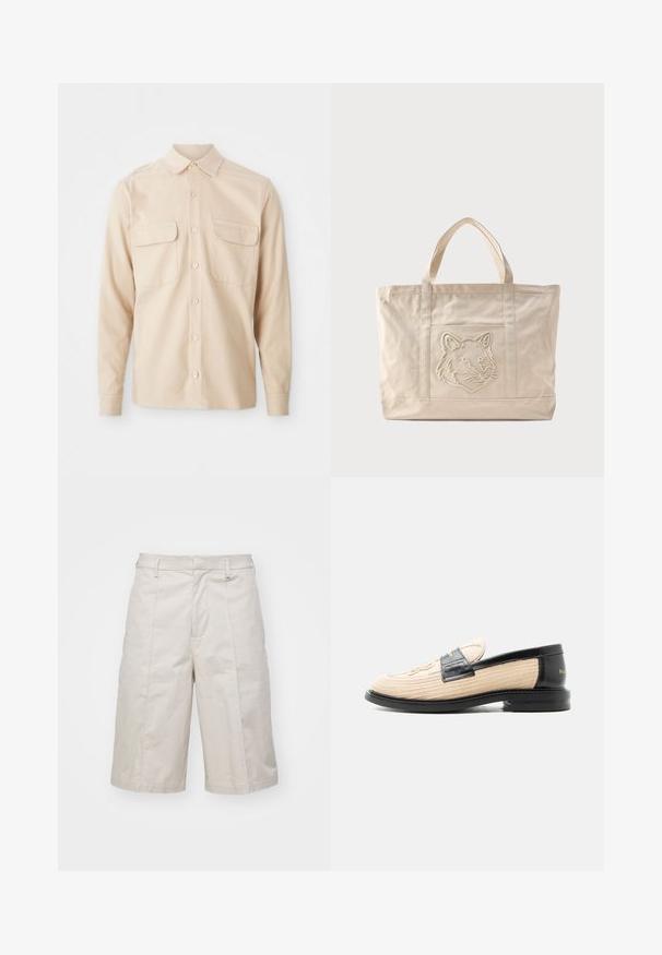 Beige langærmet skjorte lavet af vævet stof, med to brystlommer, en spids krave og knaplukning foran. Glat tekstur.; Beige bomuldsshorts med lige snit, knælange, med to forlommer og subtile folder for ekstra tekstur.; Beige vævet loafer med sort skindkant, rundet tå, sort sål og dekorativt syet mønster på oversiden.; Beige lærredsnettaske med dobbelte håndtag og et præget ulvehoveddesign på forlommen.