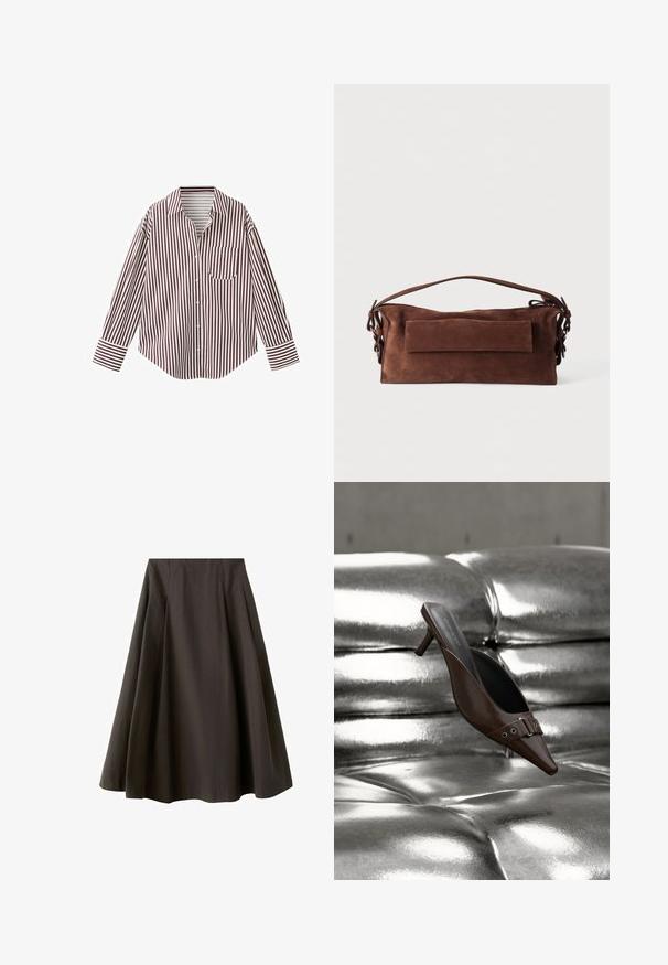 Chemise à manches longues avec boutons, rayures verticales bordeaux et blanches, col pointu, poche poitrine et poignets boutonnés.; Jupe noire trapèze à taille haute avec ourlet évasé, fabriquée en tissu lisse, présentée sur fond blanc.; Mule à talon brun à bout pointu avec détail boucle flottant au-dessus d'une surface en cuir argenté capitonnée brillante.; Sac à main rectangulaire en daim marron avec une poignée supérieure, une poche avant à rabat et des détails à lacets de chaque côté sur un fond uni.