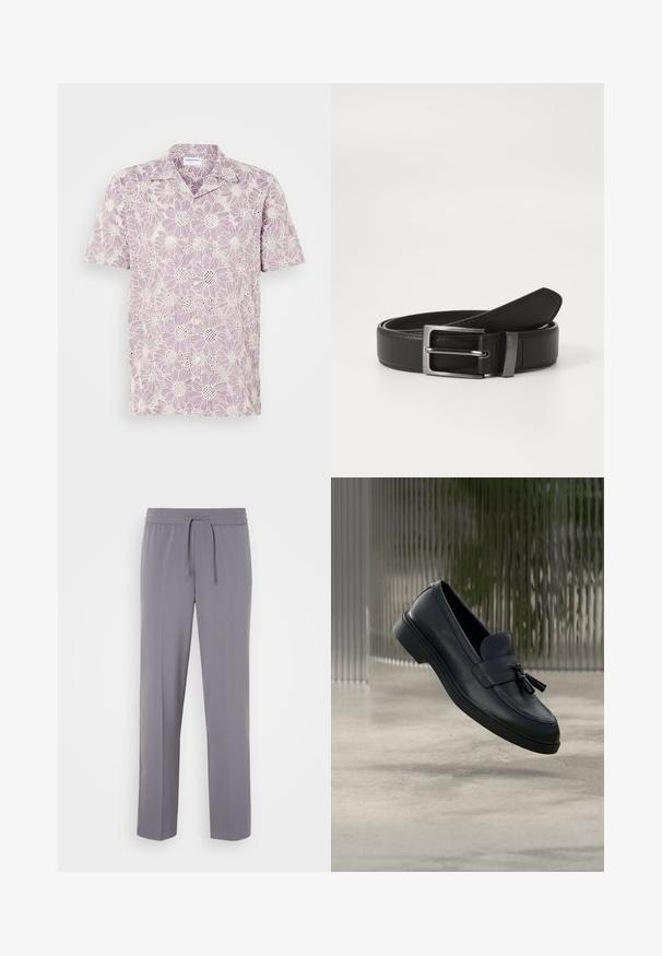 Camisa de manga corta en púrpura claro con un estampado floral, que presenta margaritas blancas y una textura de encaje. Cierre de botones en la parte delantera.; Pantalones grises, elásticos, con frente plano, cinturilla elástica y cordón, que presentan piernas rectas y una textura suave.; Mocasines de cuero negro con textura suave, punta redondeada y borlas decorativas en el frente. Suela de goma flexible con tacón bajo.; Cinturón de cuero negro con hebilla de metal plateada, que presenta un acabado suave y un diseño clásico. El cinturón está neatly doblado.
