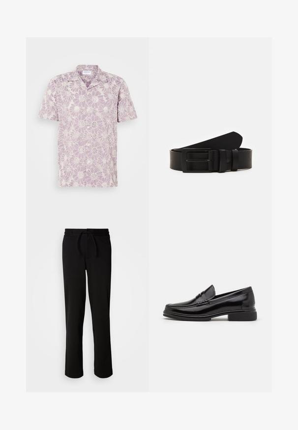 Camisa de manga corta en púrpura claro con un estampado floral, que presenta margaritas blancas y una textura de encaje. Cierre de botones en la parte delantera.; Pantalones de chándal negros con cinturilla ajustable, hechos de tela suave y elástica. Presentan un corte relajado con piernas rectas y sin bolsillos visibles.; Mocasines de cuero negro con punta redondeada, que presentan un detalle cosido a través del empeine y un tacón bajo y cuadrado. Textura suave y acabado brillante.; Cinturón de cuero negro enrollado con una hebilla metálica rectangular negra mate y dos trabillas sobre un fondo blanco.