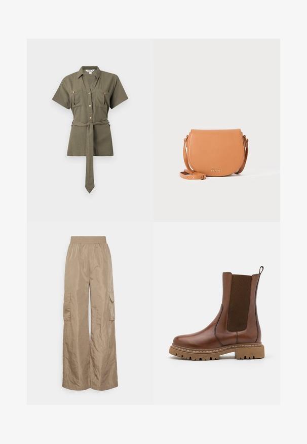 Chemise à manches courtes vert olive avec col, deux poches poitrine à boutons et ceinture à nouer assortie à la taille.; Even&Odd Tall by Zalando Pantalon cargo - beige; Bottine en cuir marron avec des panneaux élastiques et une languette de tirage. Elle possède une semelle en caoutchouc épaisse et des détails de couture visibles le long des bords.; Sac à bandoulière en cuir beige avec une silhouette incurvée, logo de marque doré et bandoulière ajustable. Texture lisse, design minimaliste.
