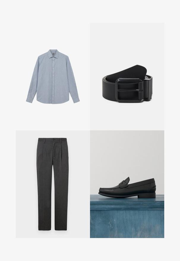 Mos Mosh Gallery Košeľa - light blue; Sivé elegantné nohavice so strihaním do rovného strihu, s predným skladom, zipsom a gombíkovým zapínaním. Hladká textúra, klasický dizajn.; Čierne kožené mokasíny s okrúhlym špičkou, zdobeným šitím a nízkym štvorecovým podpätkom. Hladká textura a minimalistický dizajn.; Čierny kožený opasok s matnou čiernou kovovou prackou, ktorá má plochý, hladký povrch a zužujúci sa koniec. Jednoduchý dizajn bez ozdôb.