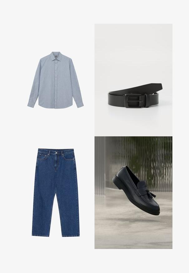 Mos Mosh Gallery Skjorter - light blue; Mørkeblå denim jeans med lige ben, forlommer og en knaplukning med kontraststing hele vejen.; Sorte læderloafers med en glat tekstur, en rundet tå og dekorative kvaster foran. Fleksibel gummisål med lav hæl.; Sort læderbælte med spænde i mat sort metal, der har en glat tekstur og enkelt design. Justerbar længde med en tilspidset ende.