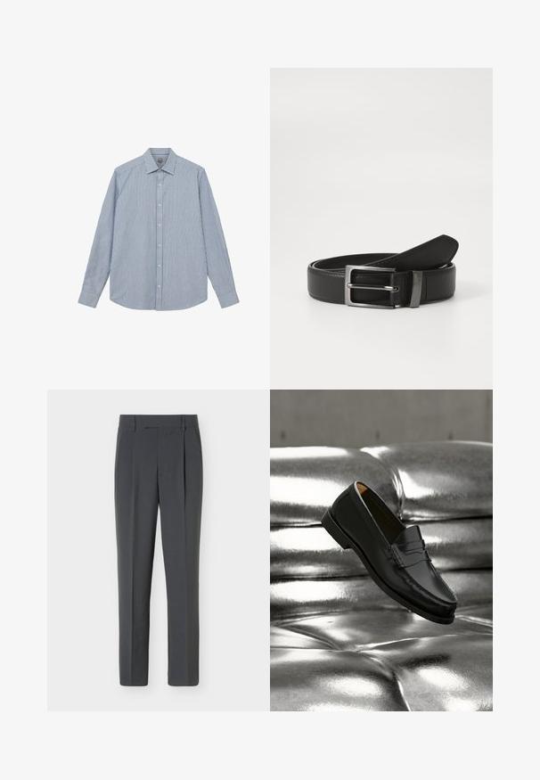 Mos Mosh Gallery Skjorter - light blue; Mørkegrå skræddersyede bukser med bæltestropper, frontplissering og et smalt lige ben, vist fladt på en lys baggrund.; Sort læderloafer svæver over en skinnende sølvfarvet, polstret lædersofa i et minimalistisk miljø.; Sort læderbælte med en sølvmetal spænde, der har en glat overflade og et klassisk design. Bæltet er pænt foldet.