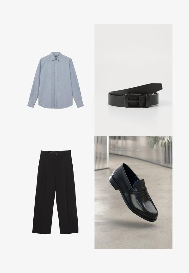 Mos Mosh Gallery Košeľa - light blue; Čierne široké nohavice vyrobené z hladkej tkaniny, s plochým pásom, prednými záhybmi a jedným zapínaním na gombík.; Čierne kožené mokasíny s hladkým povrchom, zaoblenou špičkou, dekoratívnym prešitím a mierne zvýšenou podrážkou.; Čierny kožený opasok s matnou čiernou kovovou prackou, vybavený hladkým povrchom a jednoduchým dizajnom. Nastaviteľná dĺžka s zužujúcim sa koncom.