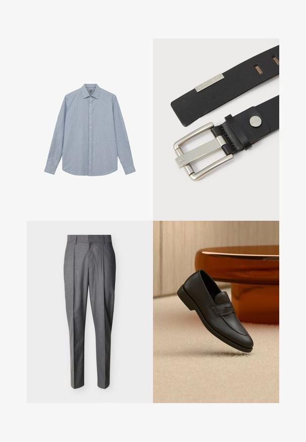 Mos Mosh Gallery Camisa - light blue; Pantalones de vestir grises a medida con pinzas y trabillas para cinturón, mostrados extendidos sobre un fondo blanco.; Mocasín negro de cuero con tacón bajo, detalles cosidos y una correa con marca, colocado sobre una alfombra beige cerca de una mesa de madera redondeada.; Cinturón de cuero negro con hebilla de metal plateado, con un logo de Calvin Klein. Textura suave con agujeros ajustables para el tamaño.