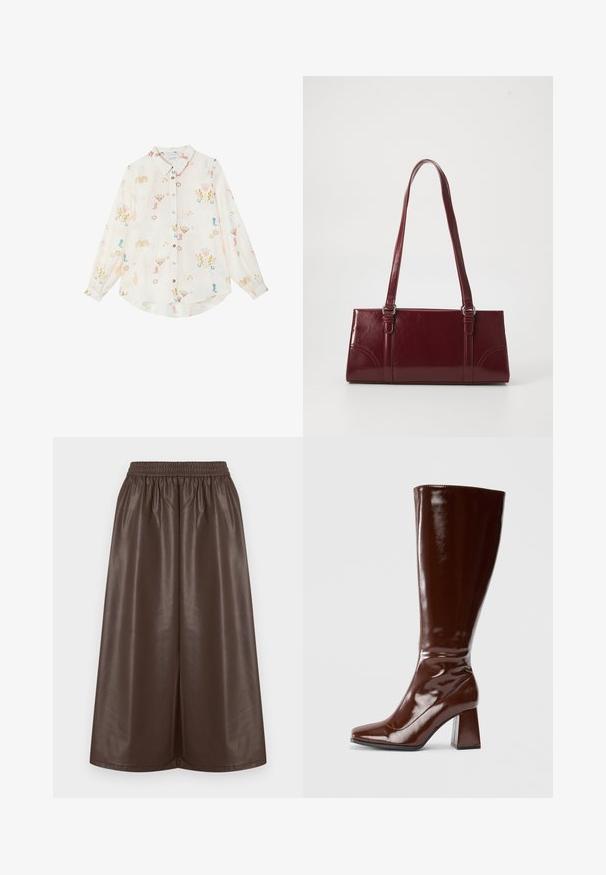 Chemise blanche à manches longues avec boutons, ornée d'imprimés colorés sur le thème cowboy, comprenant des bottes, des cactus, des fers à cheval et des étoiles.; Jupe en simili cuir marron avec une ceinture élastique, un design à jambes larges et une texture lisse et brillante. Sans motifs ni ornements.; Bottes en cuir verni marron jusqu'aux genoux avec un bout carré, finition brillante et un talon épais pour la stabilité. Design sans couture sans matériel visible.; Sac à main bordeaux en matériau brillant, de forme rectangulaire, avec deux anses et des accents légèrement courbés à l'avant.