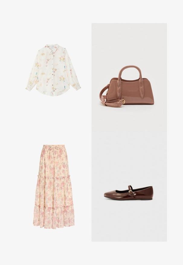 Chemise blanche à manches longues avec boutons, ornée d'imprimés colorés sur le thème cowboy, comprenant des bottes, des cactus, des fers à cheval et des étoiles.; Jupe longue beige avec motif floral rose, taille élastique avec cordon et détails à volants superposés.; Ballerine en cuir verni marron avec un bout carré et une lanière ornée d'une petite boucle dorée. Texture lisse, talon bas et design minimaliste.; Sac à main brillant couleur rose avec deux poignées supérieures, une bandoulière détachable et des détails de couture décorative. Forme compacte et structurée.
