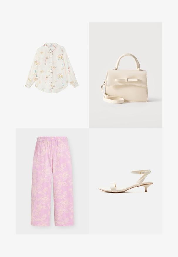 Chemise blanche à manches longues avec boutons, ornée d'imprimés colorés sur le thème cowboy, comprenant des bottes, des cactus, des fers à cheval et des étoiles.; Pantalon large rose clair avec de fines rayures verticales et un délicat motif floral crème, avec une taille élastique.; Sandale beige à talon bas avec une bride unique pour les orteils et une bride de cheville ajustable ornée d'une petite boucle en or, sur fond blanc.; Petit sac à main beige avec poignée supérieure, bandoulière amovible, rabat avant et nœud horizontal décoratif sur un fond uni.