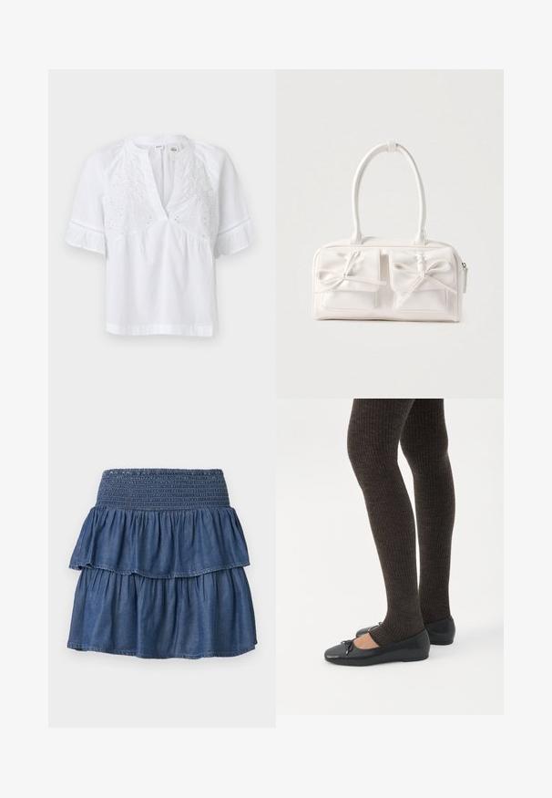 Blouse blanche à manches courtes avec col en V, broderie florale sur la poitrine et poignets volantés en tissu léger.; Jupe en jean bleue à volants avec une large ceinture smockée et deux couches froncées sur un fond uni.; Jambes portant des leggings côtelés foncés associés à des ballerines noires avec de petits détails en nœud sur fond blanc.; Sac à main synthétique blanc avec deux poches avant, chacune ornée d'un nœud noué. Texture lisse, anses arrondies et fermeture zippée.