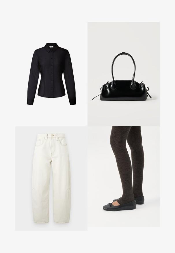 Chemise noire ajustée à manches longues avec devant boutonné et col pointu, taille cintrée et poignets aux manches.; Jean en denim crème, taille haute et jambes larges, avec poches avant et coutures visibles sur un fond uni.; Jambes portant des leggings côtelés foncés associés à des ballerines noires avec de petits détails en nœud sur fond blanc.; Petit sac à main noir brillant avec deux longues anses et des détails à cordon sur les côtés sur un fond clair uni.