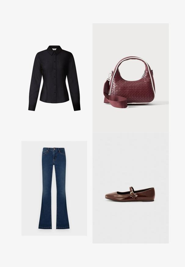 Chemise noire ajustée à manches longues avec devant boutonné et col pointu, taille cintrée et poignets aux manches.; Jean en denim bleu foncé à taille haute avec jambes évasées, doté de poches avant, de passants pour ceinture et d'une fermeture à boutons.; Ballerine en cuir verni marron avec un bout carré et une lanière ornée d'une petite boucle dorée. Texture lisse, talon bas et design minimaliste.; Sac à main en cuir tressé marron foncé avec poignée courbée, garniture blanche, fermeture éclair argentée et bandoulière large en tissu amovible sur fond uni.