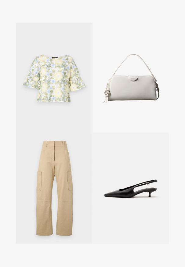 Bruuns Bazaar YVONNE CARLIS - Μπλούζα - multi coloured; Μπεζ cargo παντελόνι από βαμβάκι, με ψηλή μέση, φαρδιές μανσέτες, δύο πλαϊνές τσέπες και δύο μεγάλες τσέπες cargo στους μηρούς.; Μαύρο δερμάτινο παπούτσι με λουράκι στην πίσω πλευρά, μυτερή μύτη και χαμηλό τακούνι kitten σε απλό φωτεινό φόντο.; Λευκή ορθογώνια τσάντα Calvin Klein με μονό χερούλι, μίνιμαλ σχεδιασμό και διακοσμητικά φουντάκια με γεωμετρικό μεταλλικό γούρι στην πλευρά.