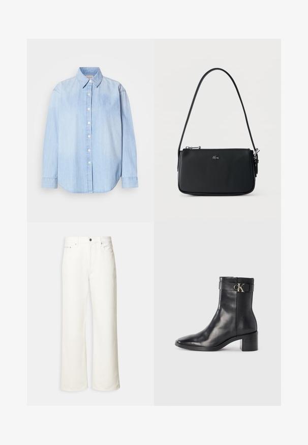 Lyseblå denimskjorte, lange ærmer, standard krave, frontend-knaplukning, rundet kant, glat tekstur med let falming.; Hvide jeans med vide ben, foran med knap, bæltestropper og fem-lomme design.; Sort læder ankelstøvle med spids tå, blokhæl og en rem med en metallisk logo detalje. Glat tekstur og minimalistisk design.; Sort skuldertaske med tekstur, sølv lynlås og lille sølv krokodillelogo foran mod ensfarvet baggrund.