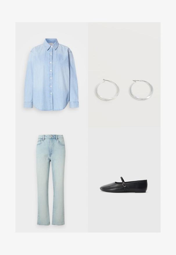 Lichtblauwe denimshirt, lange mouwen, standaard kraag, knoopsluiting aan de voorkant, ronde zoom, zachte textuur met een lichte vervaging.; Lichtblauwe jeans met hoge taille en rechte pijpen, met voorste knoop, riemlussen en klassiek ontwerp met vijf zakken tegen een effen achtergrond.; Zwarte leren balletschoenen met een spitse neus, platte zool en een kleine strap met een zilveren gespsluiting.; Zilverkleurige metalen creolen oorbellen met een glad, licht gebogen oppervlak en sluitingen met haaksluiting op een effen witte achtergrond.