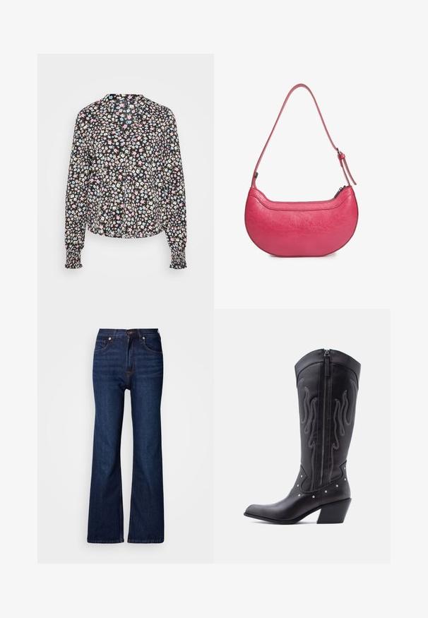 Blusa de manga larga en tejido negro con un patrón floral en rosa, azul y beige. Presenta un cuello y puños con fruncidos.; Vaqueros acampanados de mezclilla azul oscuro con cinco bolsillos, cierre de botones y detalles de costura en contraste. Textura suave con una apariencia resistente.; Botas vaqueras de cuero negro con puntera puntiaguda, costuras visibles, detalles de tachuelas plateadas y cierre de cremallera en el lado interior.; Bolso de cuero rosa con forma curvada, una sola correa de hombro ajustable y cierre superior de cremallera. Acabado texturizado con arrugas visibles.